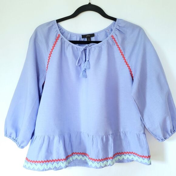 J. Crew Peasant Style Blue Top With Ric Rac Trim - Picture 1 of 8